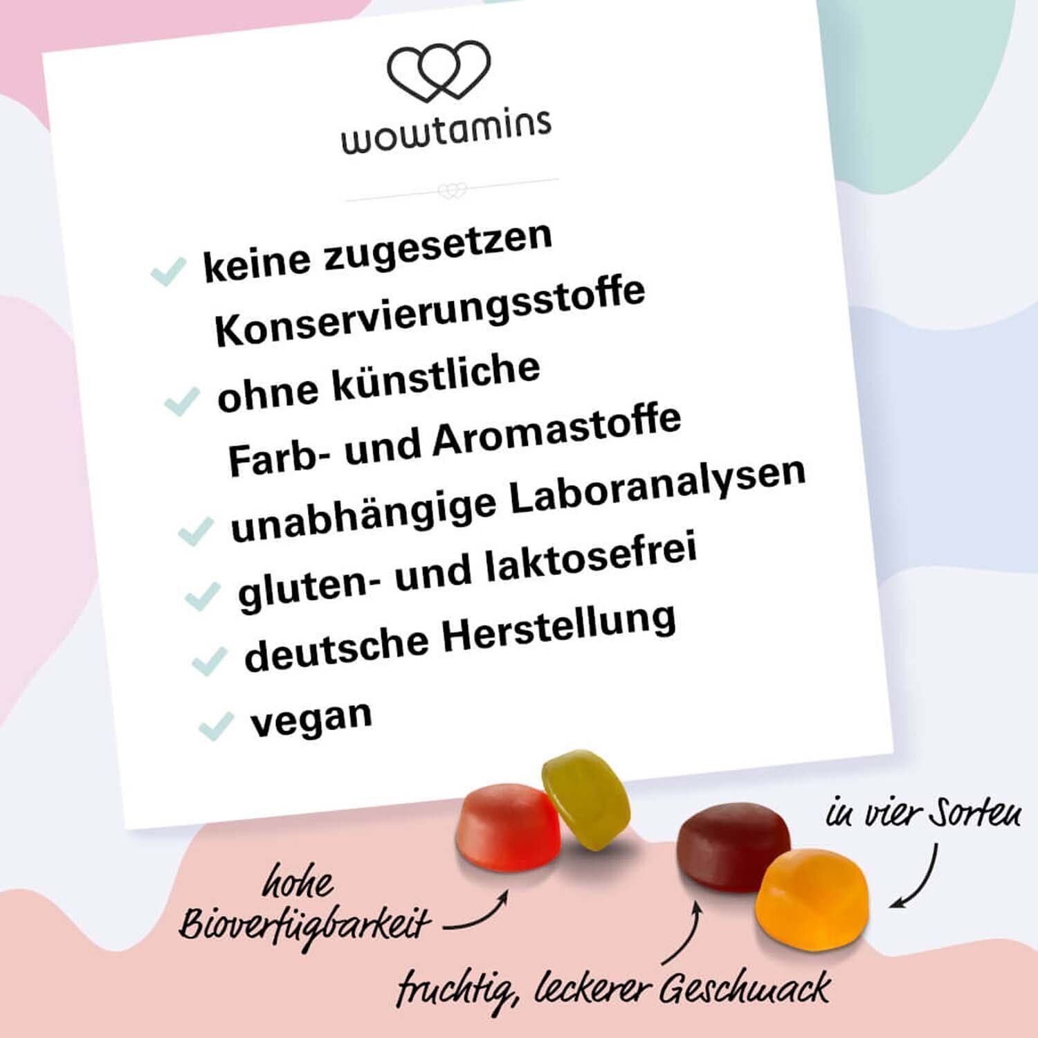 Zettel mit Produktvorteilen: keine Konservierungsstoffe, keine künstlichen Farb- und Aromastoffe, gluten- und laktosefrei, vegan.