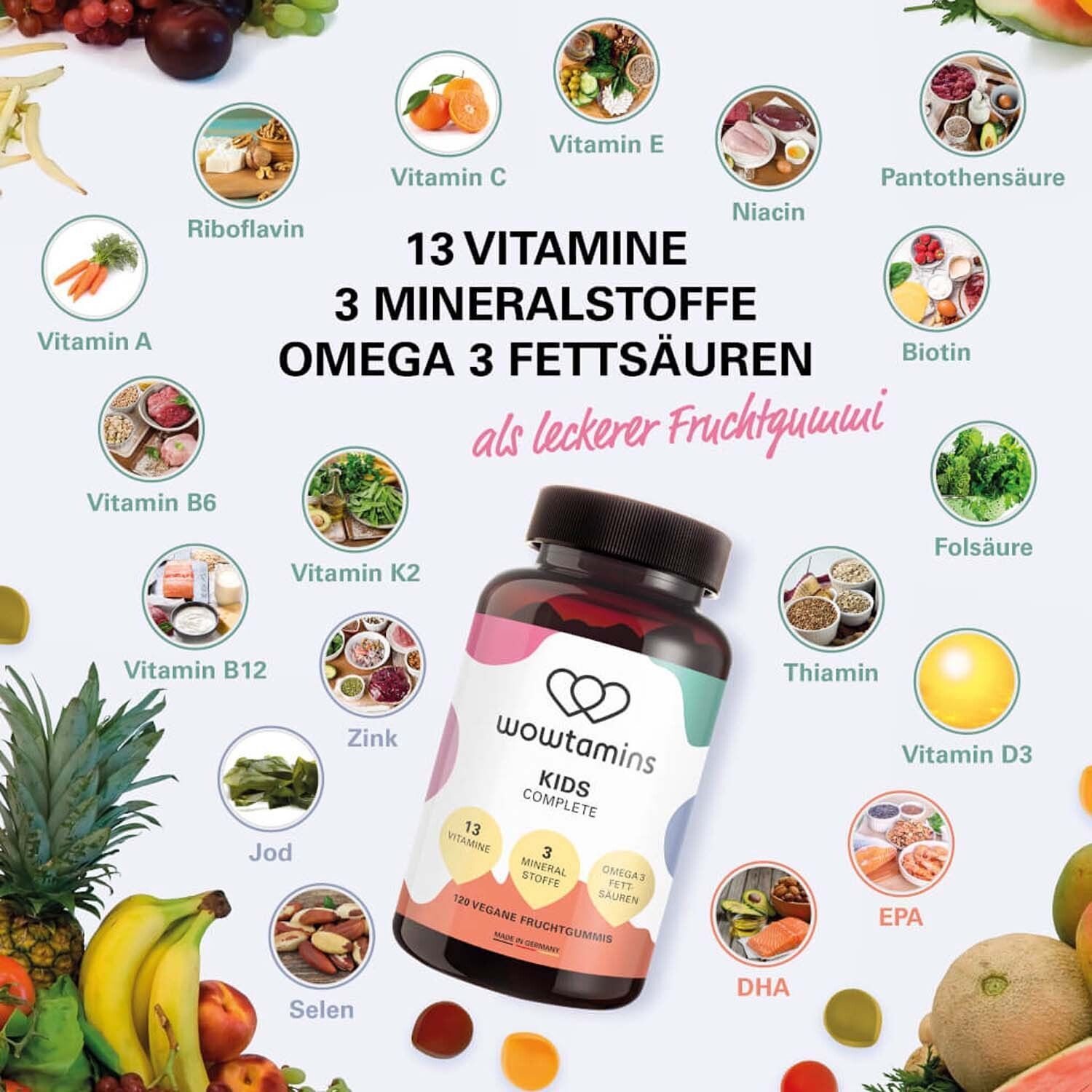 Grafik mit 13 Vitaminen, 3 Mineralstoffen und Omega 3 Fettsäuren. Daneben eine Flasche WOWTAMINS Kinder komplett.