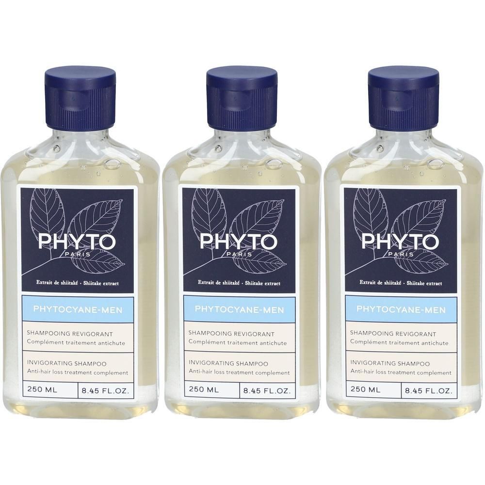 Drei Flaschen PHYTO PHYTOCYANE MEN Shampoo, je 250 ml.
