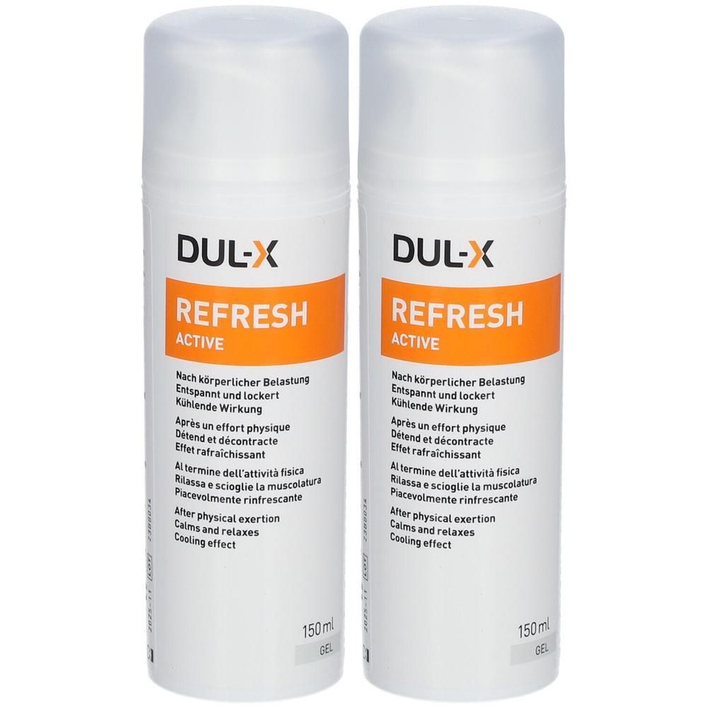 Zwei weiße Flaschen mit orangefarbenen Etiketten. Aufschrift: DUL-X REFRESH ACTIVE. Text in Deutsch, Französisch, Italienisch und Englisch. 150ml.