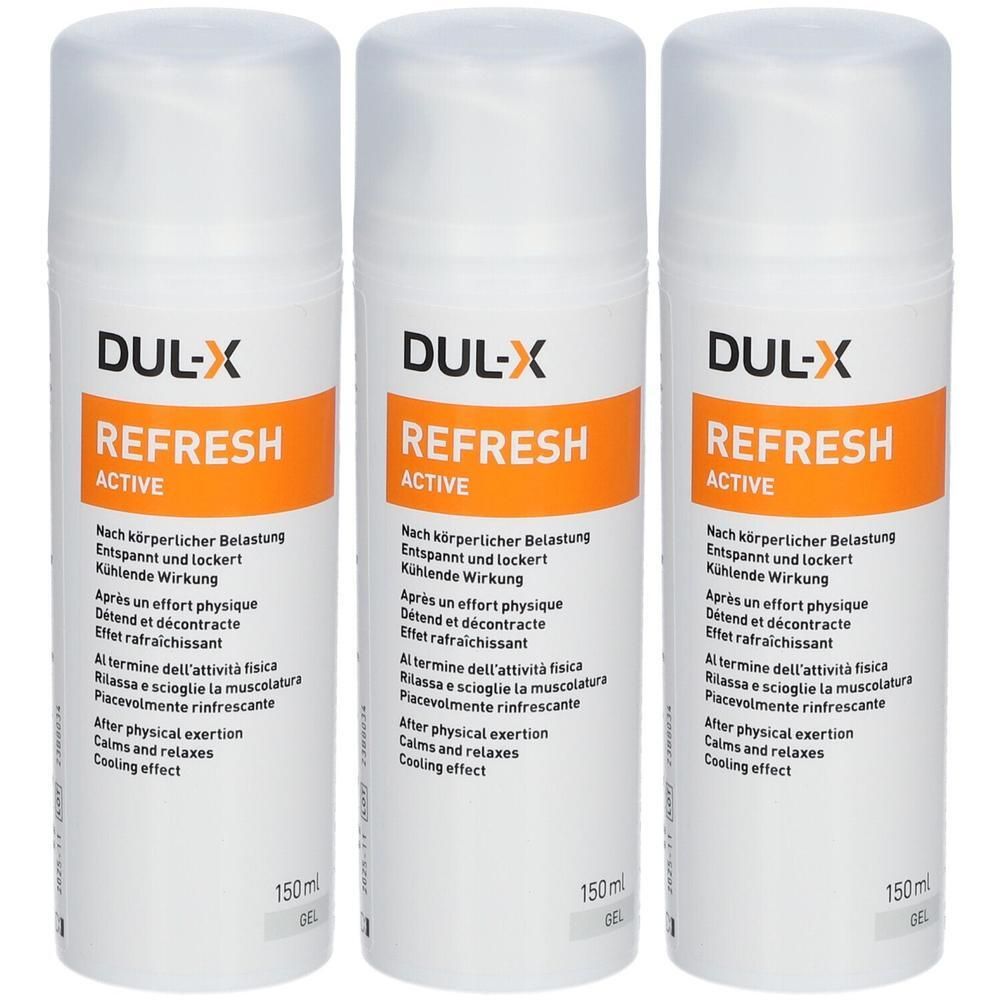 Drei weiße Flaschen mit orangefarbenen Etiketten. Auf den Etiketten steht "DUL-X REFRESH ACTIVE". Text in Deutsch, Französisch, Italienisch und Englisch.