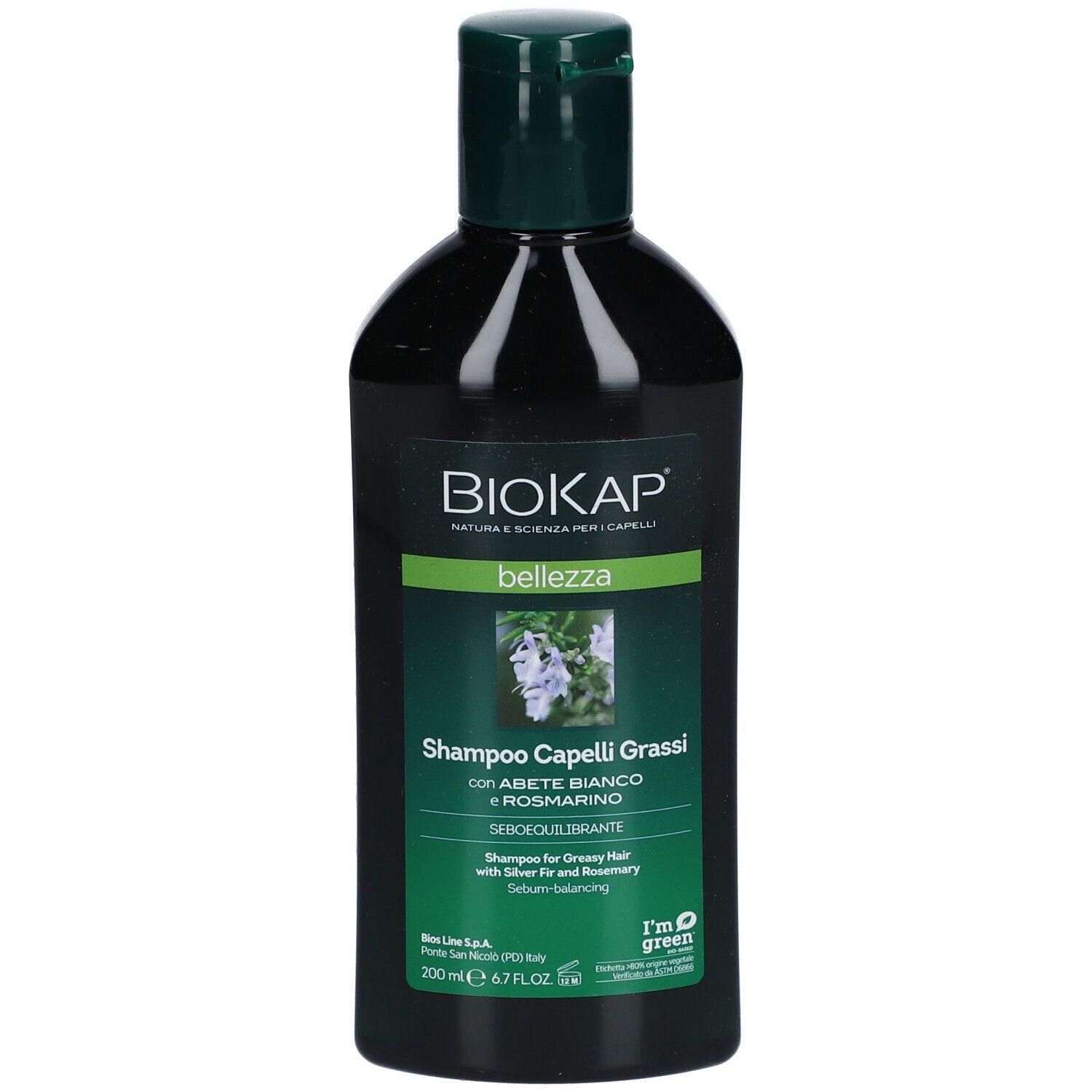 Schwarze Shampoo-Flasche mit grünem Deckel. Aufschrift: BIOKAP, bellezza, Shampoo Capelli Grassi, mit Abete Bianco e Rosmarino.