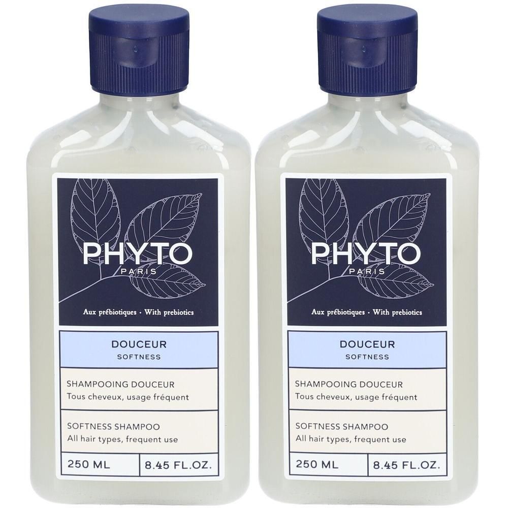 Zwei Flaschen PHYTO SOFTNESS Shampoo, je 250 ml. Für alle Haartypen, häufigen Gebrauch.