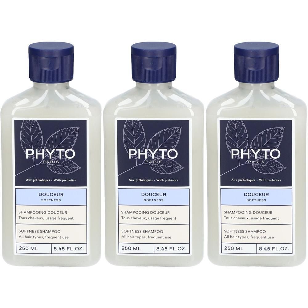 Drei Flaschen PHYTO SOFTNESS Shampoo, jeweils 250 ml.