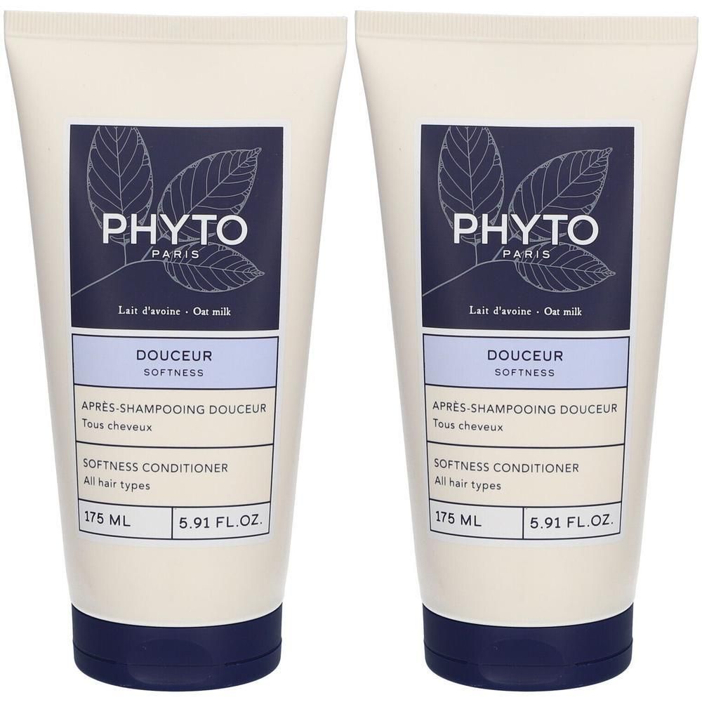 Zwei Tuben PHYTO SOFTNESS Conditioner. Weiß-beige Tuben mit blauem Etikett. Text: DOUCEUR SOFTNESS, 175 ml, 5.91 FL.OZ.