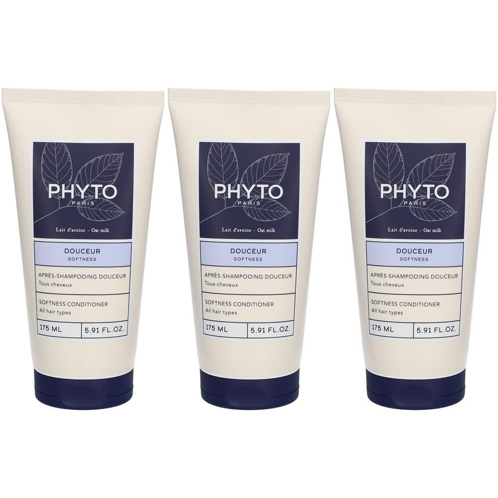 Drei Tuben PHYTO Softness Conditioner. Weiß-blaue Verpackung mit Produktnamen und Logo. Volumen: 175 ml.