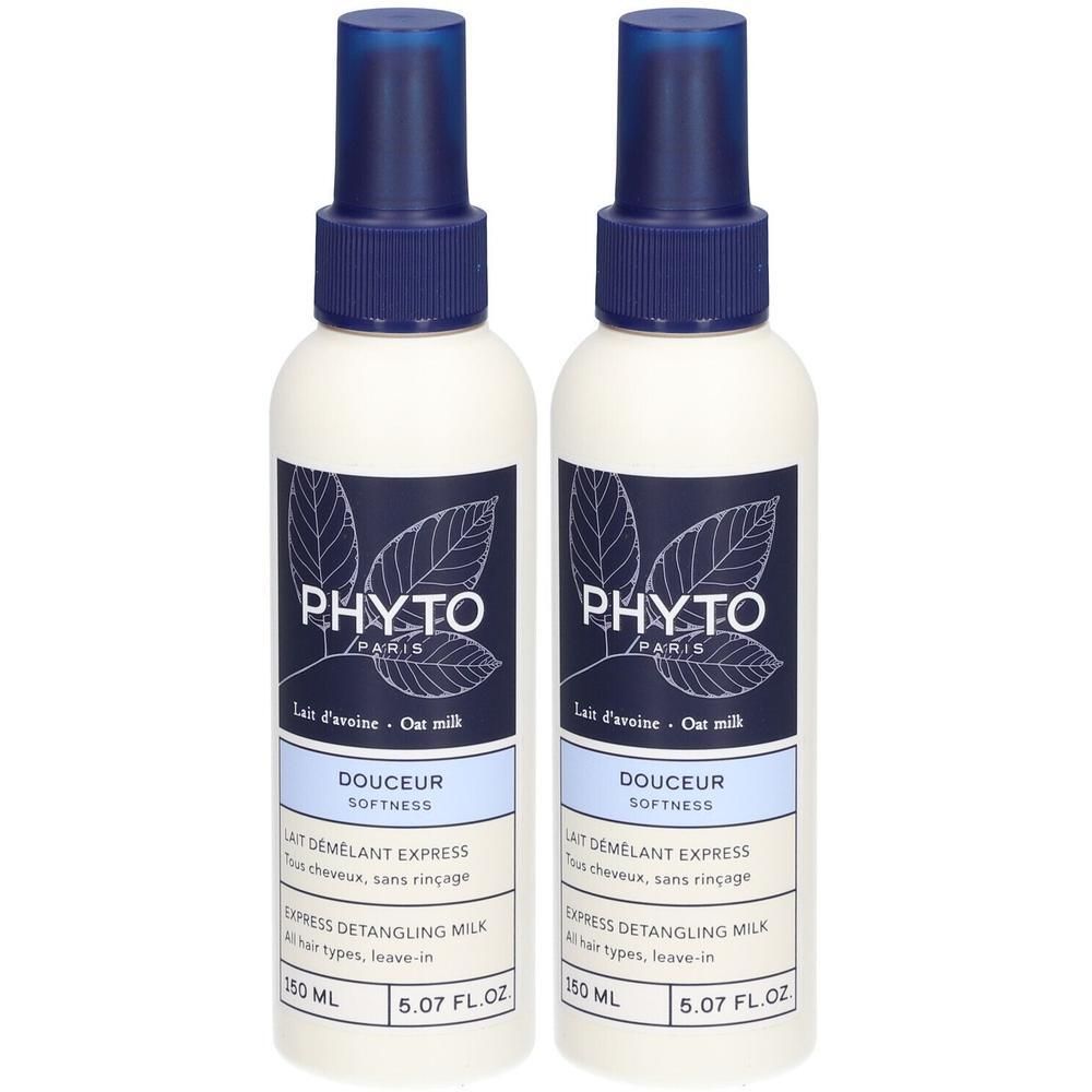 Zwei weiße Flaschen mit blauem Sprühkopf. Aufdruck: PHYTO PARIS, DOUCEUR SOFTNESS, Express Entwirrungsspray, 150 ml.