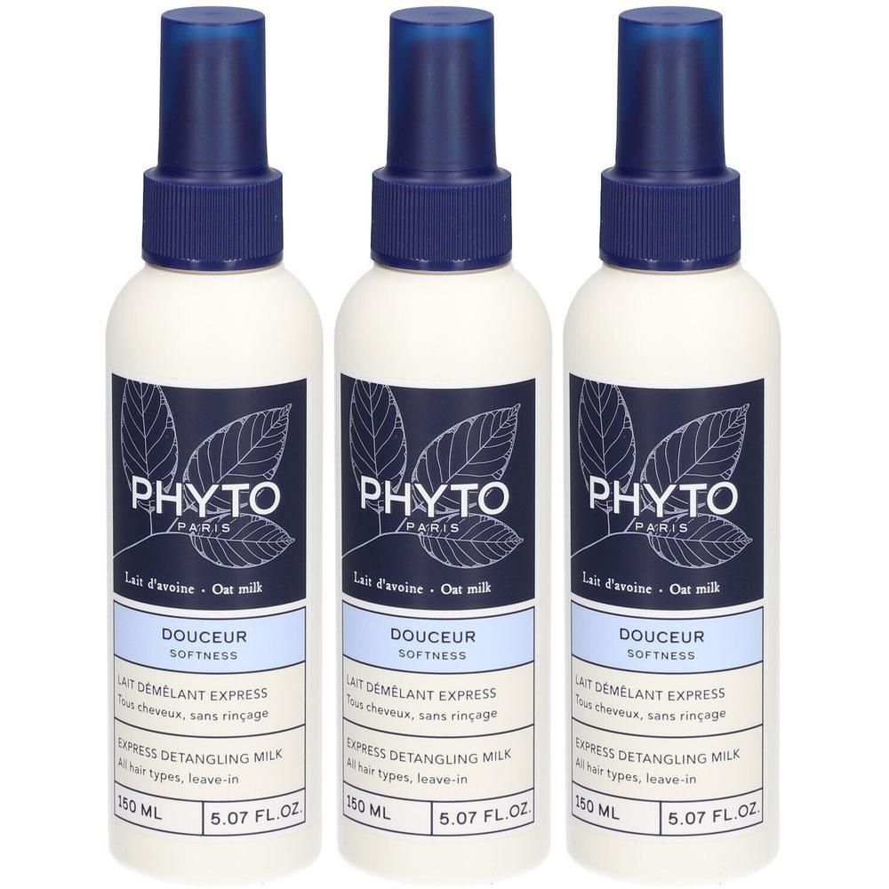 Drei Flaschen PHYTO Express Entwirrungsspray. Weiße Flaschen mit blauem Sprühkopf und Etikett. Text: PHYTO, DOUCEUR SOFTNESS, 150 ml, 5.07 FL.OZ.
