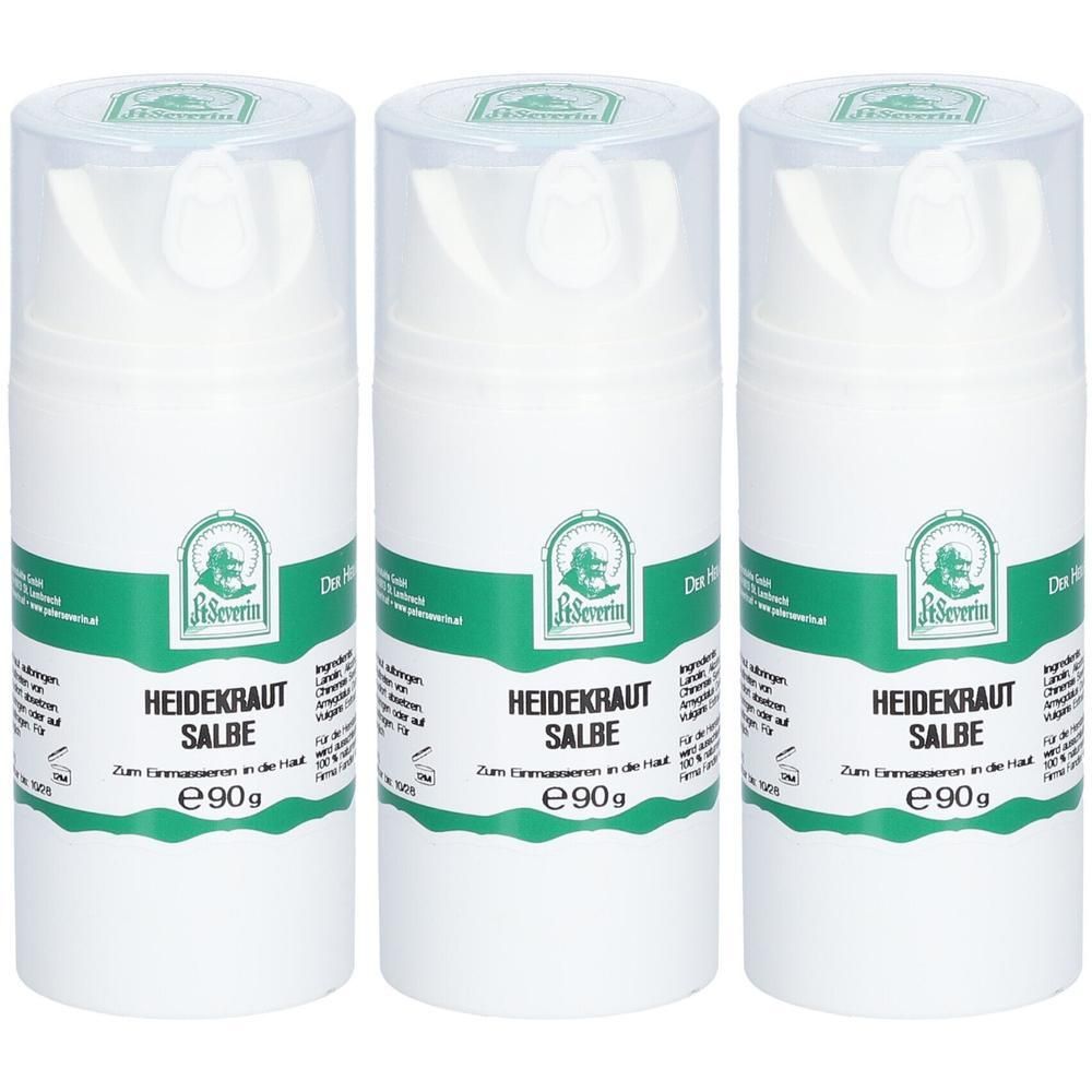Drei weiße Tiegel mit je 90g Heidekraut Salbe. Grüne Etiketten mit Produktinformationen und Logo.