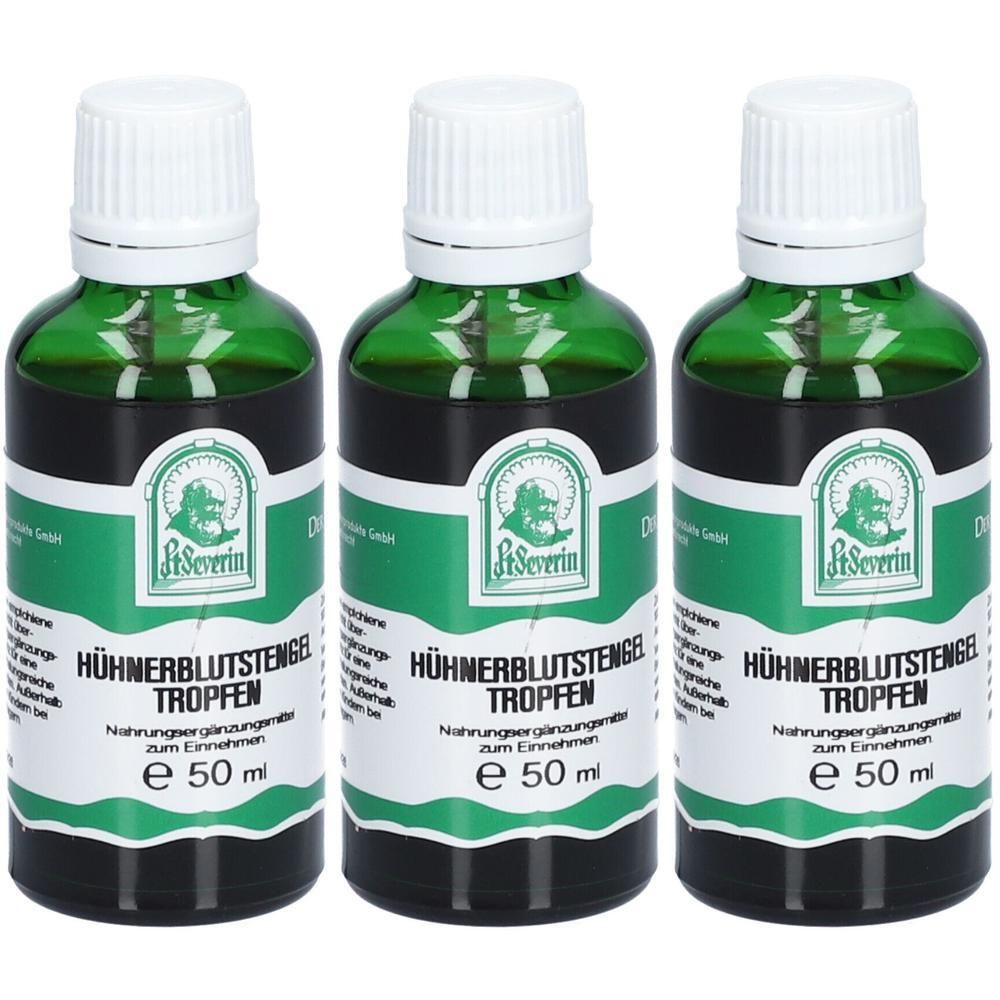 Drei grüne Glasflaschen mit weißen Deckeln. Etiketten mit Produktnamen und Logo. Aufschrift: HÜHNERBLUTSTENGE TROPFEN, e 50 ml.