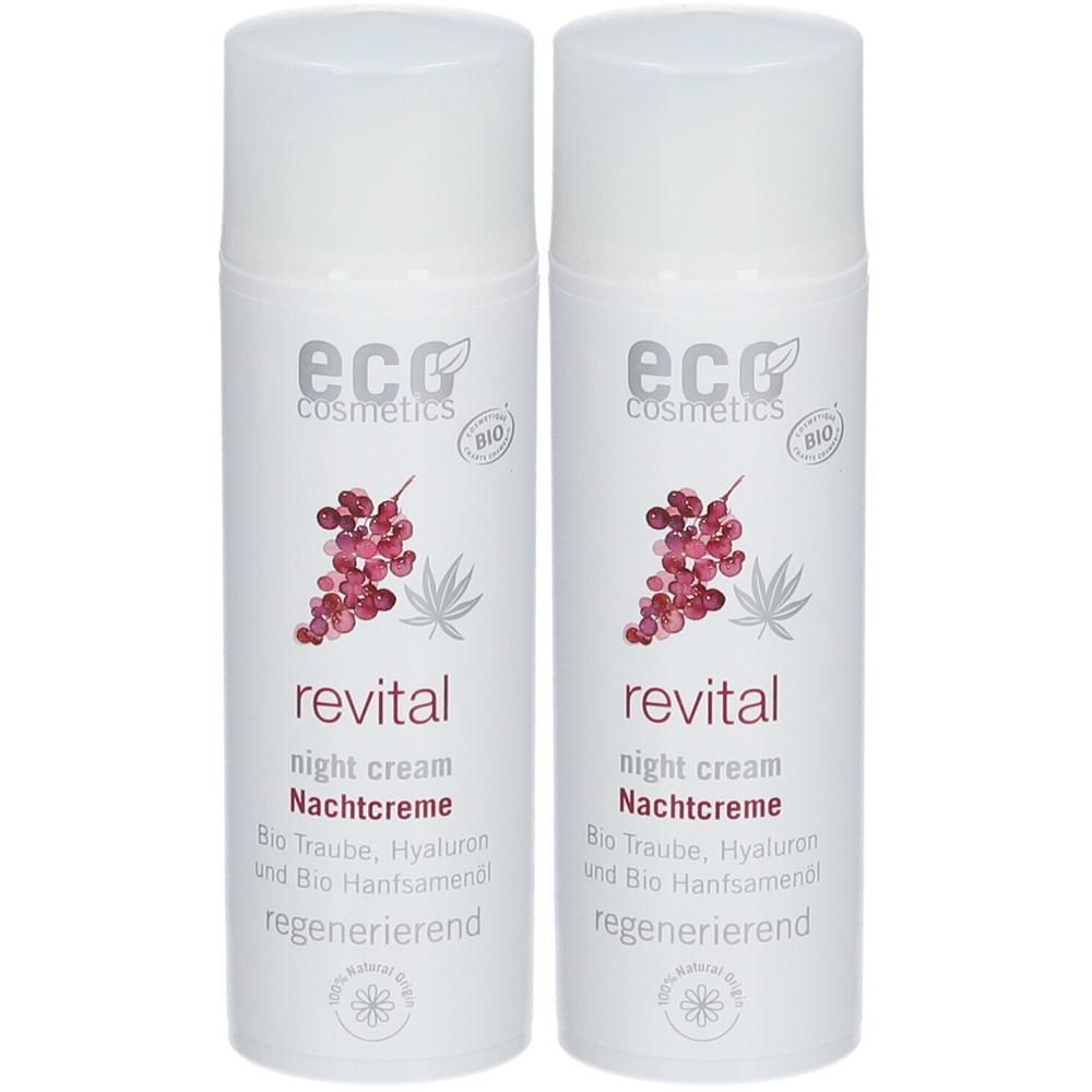 Zwei Flaschen eco cosmetics Revital Nachtcreme mit Trauben- und Hanfsamenöl. Bio-zertifiziert.