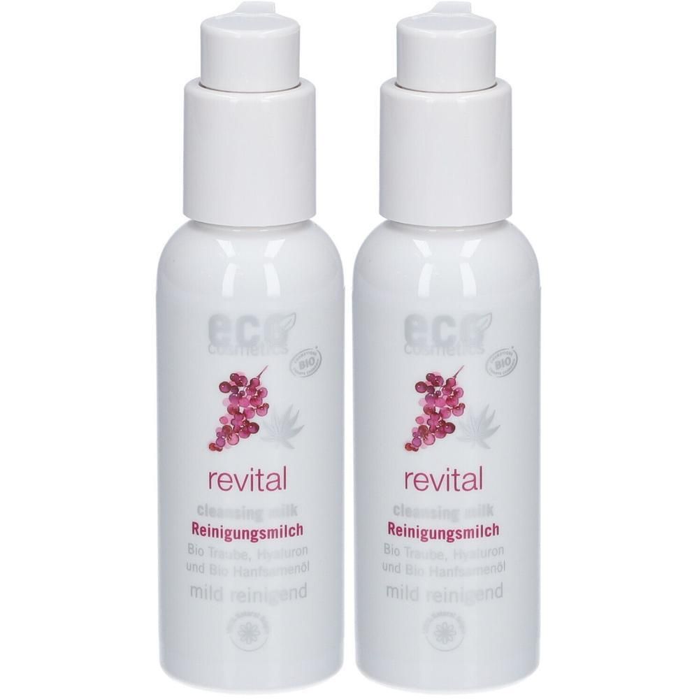 Zwei weiße Flaschen mit Pumpverschluss. Aufschrift: revital, Reinigungsmilch, eco cosmetics Logo, Trauben-Illustration.