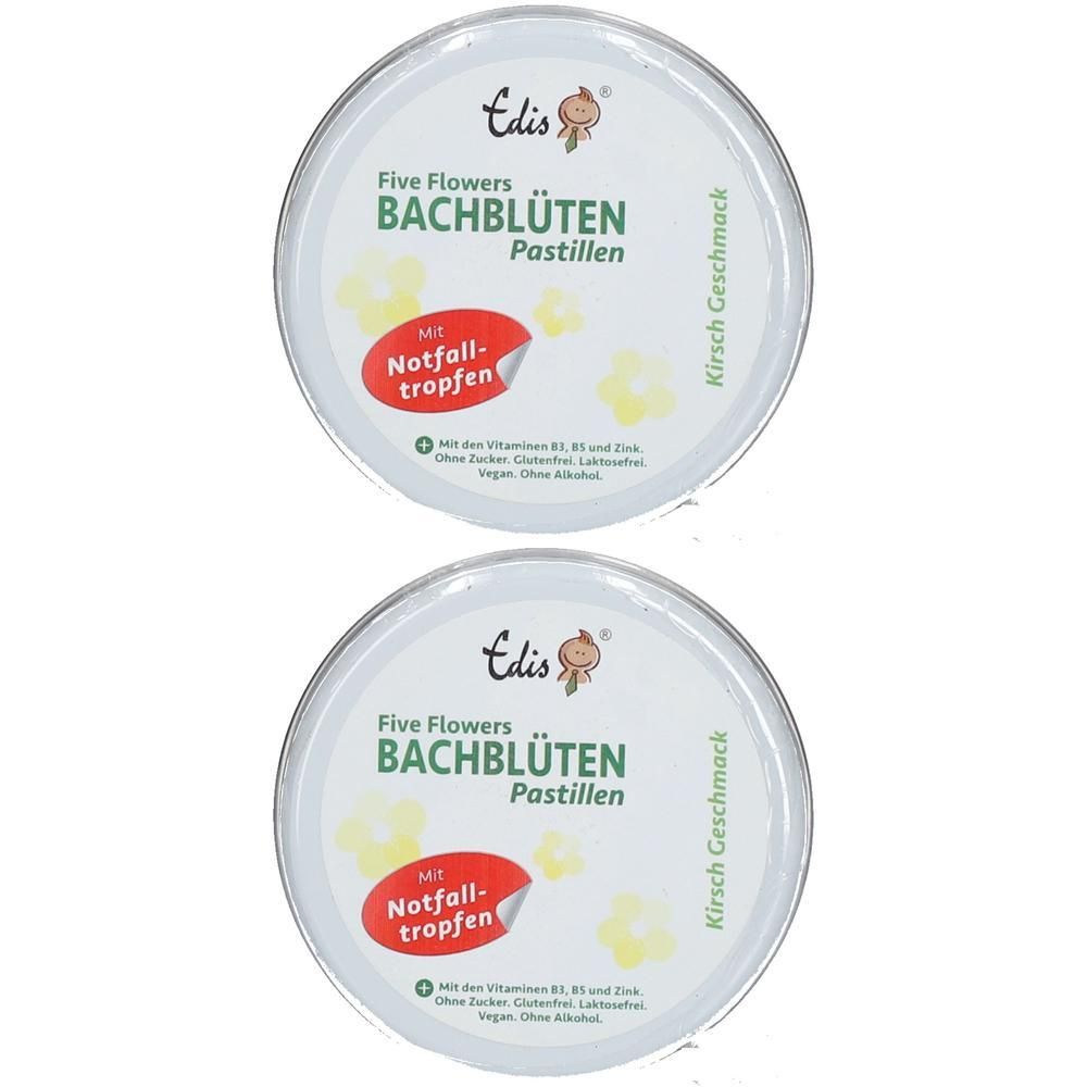 Zwei runde Dosen mit dem Aufdruck "Edis Five Flowers Bachblüten Pastillen". Roter Aufkleber "Mit Notfalltropfen". Kirschgeschmack.