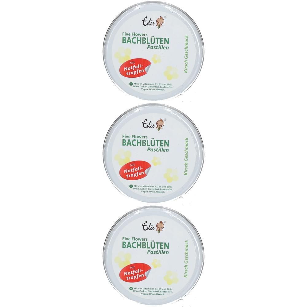 Drei runde Dosen mit weißem Deckel. Aufschrift: Edis Five Flowers Bachblüten Pastillen. Roter Aufkleber: Notfalltropfen. Kirschgeschmack.