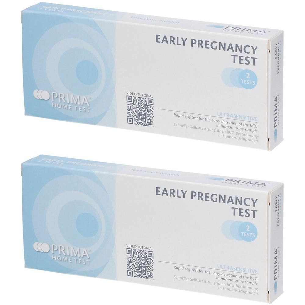 Zwei Packungen Schwangerschaftstest. Weiße Schachteln mit blauen Akzenten. Aufschrift: Early Pregnancy Test, PRIMA Home Test.