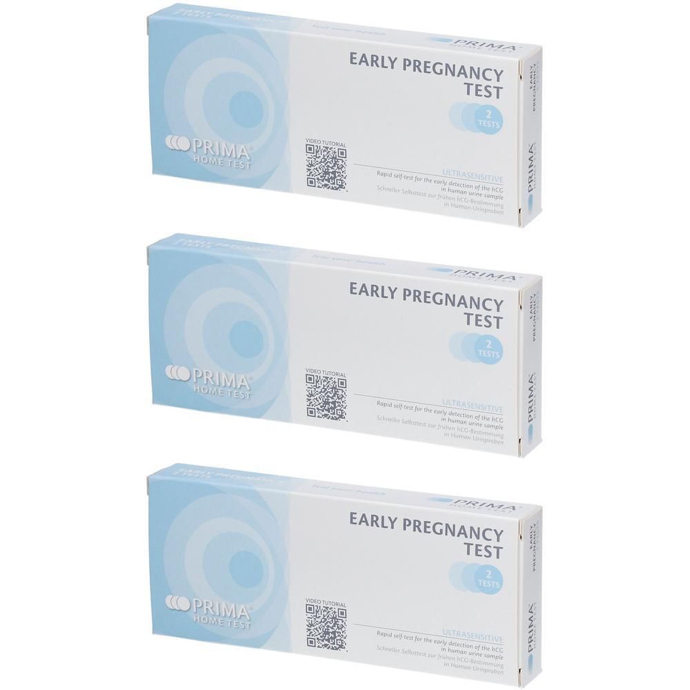 Drei Schachteln mit Schwangerschaftstests. Aufschrift: "Early Pregnancy Test". Marke: PRIMA. Hellblaue und weiße Verpackung.