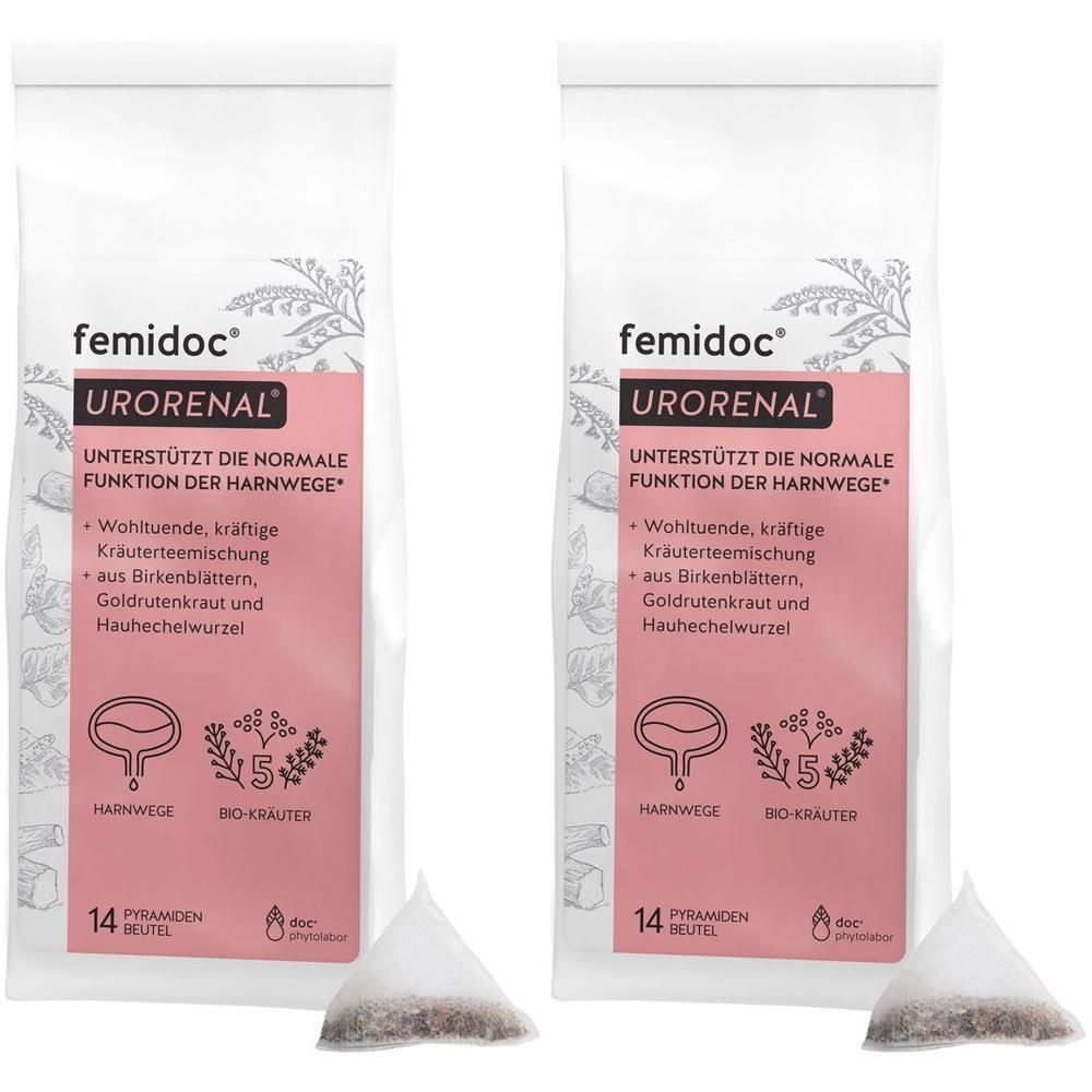 Zwei Beutel femidoc Urorenal Kräutertee. Rosa Etikett mit Produktnamen und Text. 14 Pyramidenbeutel, 5 Bio-Kräuter.