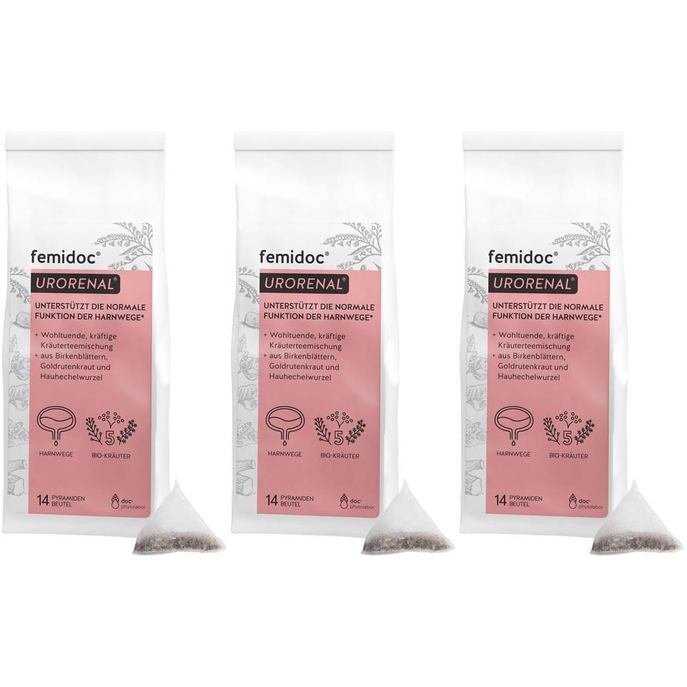 Drei Beutel femidoc Urorenal Kräutertee. Weiße Verpackung mit rosa Feld und Produktinformationen. 14 Teebeutel pro Packung.