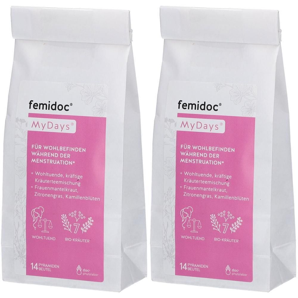 Zwei Beutel femidoc MyDays Kräutertee. Weißes Papier, rosa Etikett mit Produktinformationen. 14 Pyramidenbeutel.