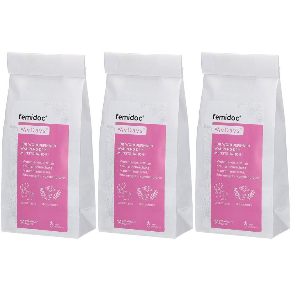 Drei Beutel femidoc MyDays Kräutertee. Weiße Verpackung mit rosa Etikett. Text: Für Wohlbefinden während der Menstruation. 14 Beutel.