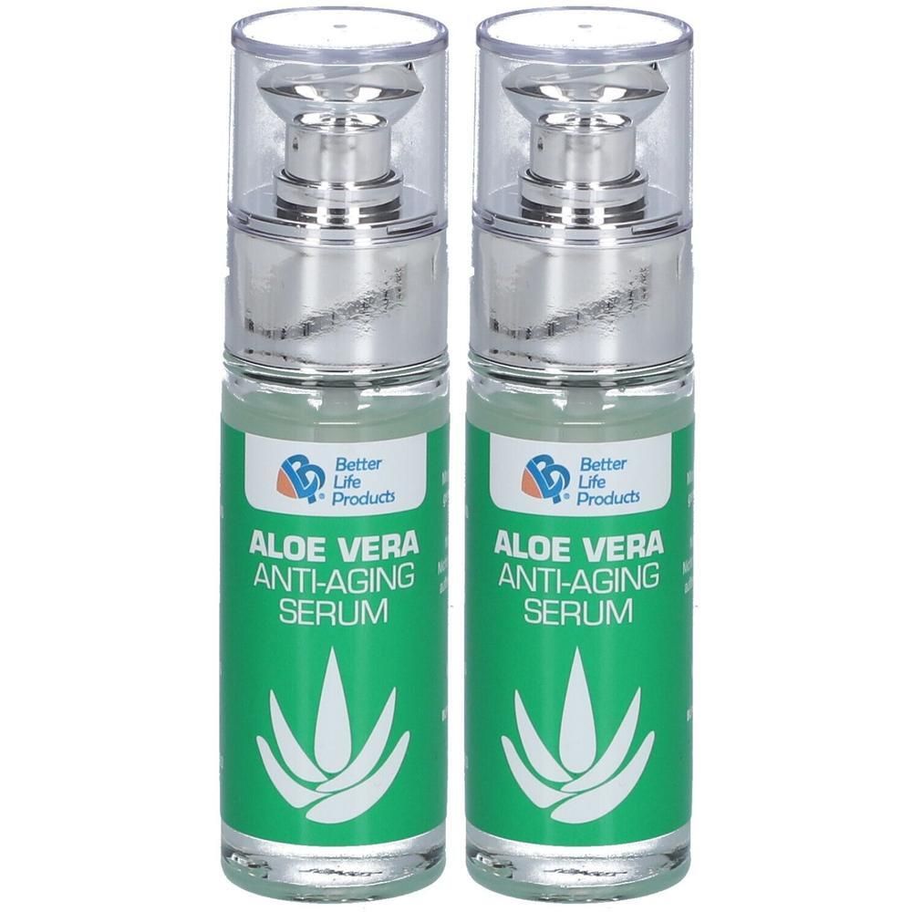 Zwei Flaschen Aloe Vera Anti-Aging Serum mit Pumpdosierern.