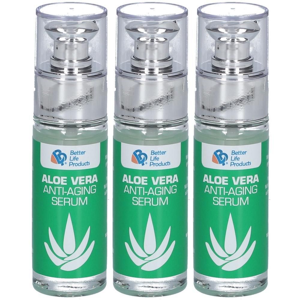 Drei Flaschen Aloe Vera Anti-Aging Serum mit Pumpspendern.