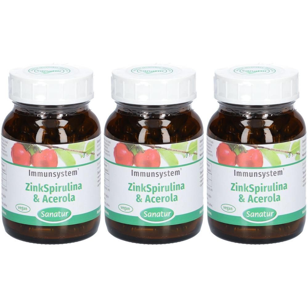 Drei braune Glasbehälter mit weißen Schraubverschlüssen, gefüllt mit Zink, Spirulina und Acerola. Etiketten zeigen rote Früchte und Blätter.