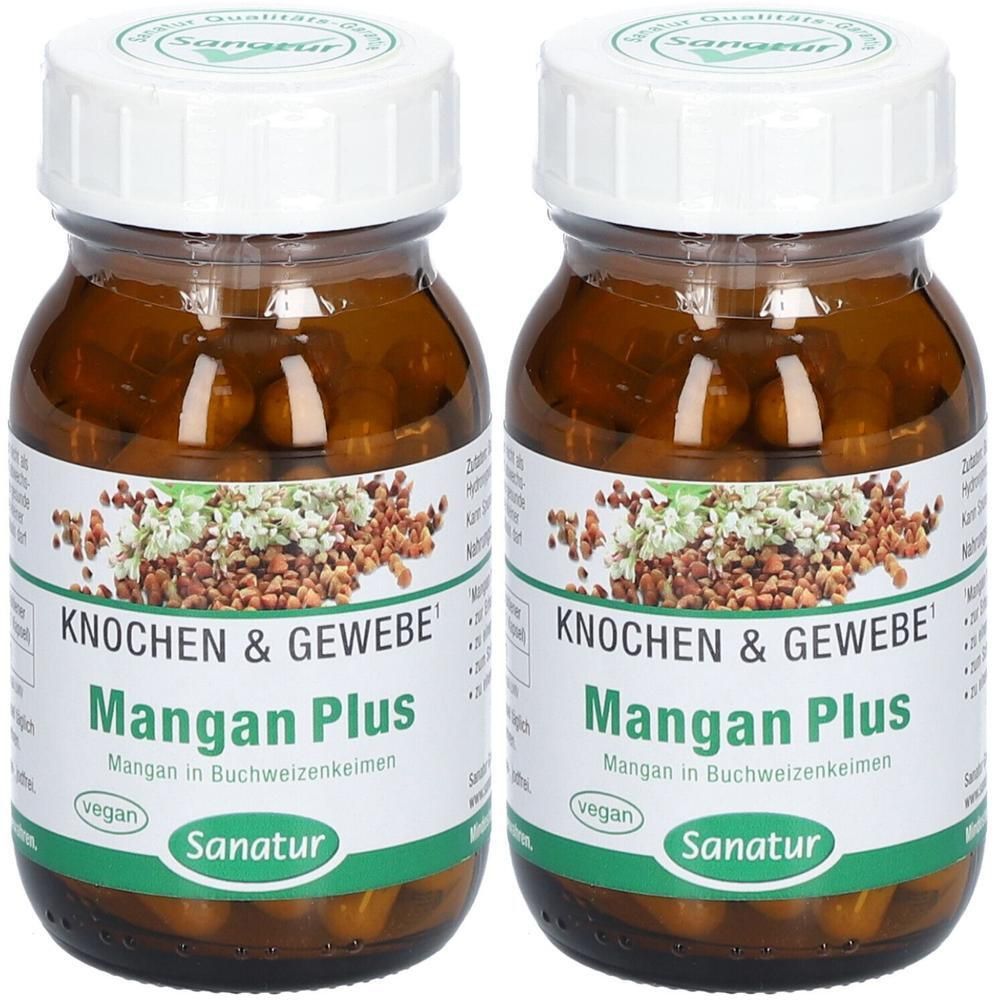 Zwei braune Glasflaschen mit weißen Deckeln. Auf den Etiketten steht "KNOCHEN & GEWEBE Mangan Plus" und "Sanatur". Das Produkt ist vegan.