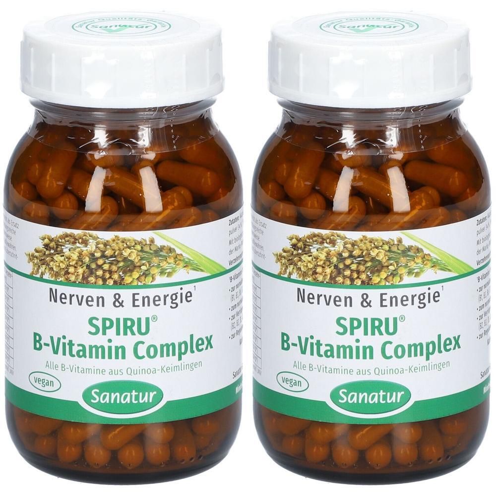 Zwei Glasflaschen mit braunen Kapseln. Auf den Etiketten steht "Nerven & Energie SPIRU B-Vitamin Complex" und "Sanatur".