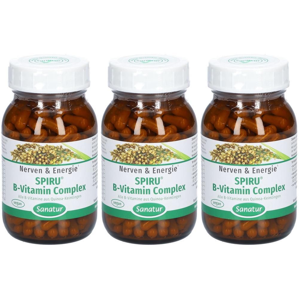 Drei Glasflaschen mit Kapseln. Auf den Etiketten steht "Nerven & Energie SPIRU B-Vitamin Complex" und "Sanatur".