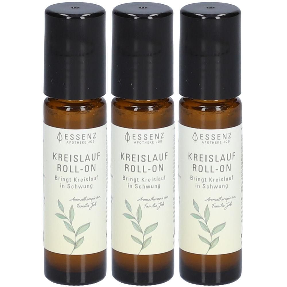 Drei braune Glasflaschen mit Roll-On-Applikator und schwarzem Deckel. Etikett mit "ESSENZ KREISLAUF ROLL-ON".