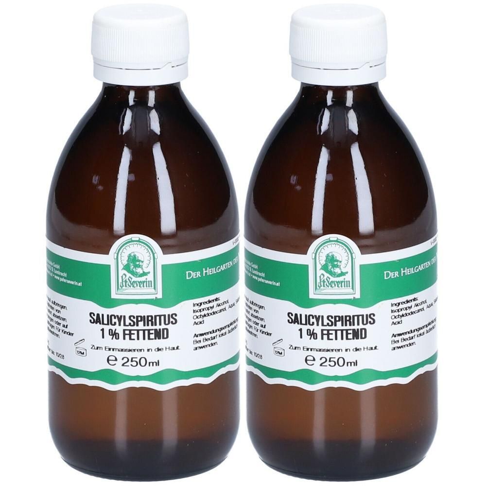 Zwei braune Flaschen mit weißem Deckel. Auf den Etiketten steht "Salicylspiritus 1% fettend". Logo: "Dr. Severin".