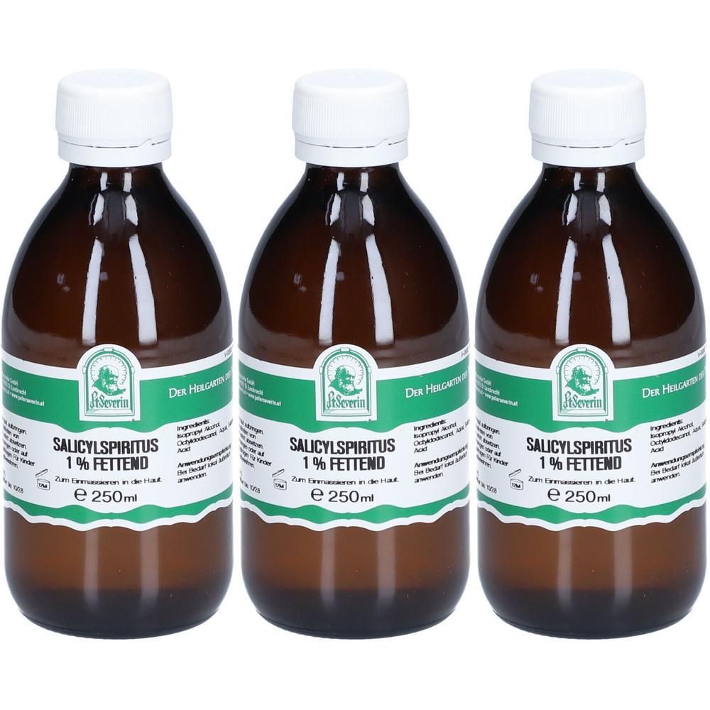 Drei braune Flaschen mit weißem Verschluss. Auf den Etiketten steht Salicylspiritus 1% FETTEND. Jede Flasche enthält 250ml.