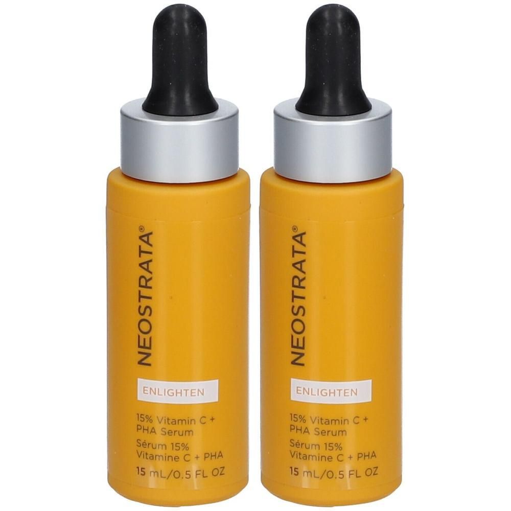 Zwei Flaschen Serum mit schwarzer Pipette und gelbem Behälter. Aufschrift: NEOSTRATA, ENLIGHTEN, 15% Vitamin C + PHA Serum.