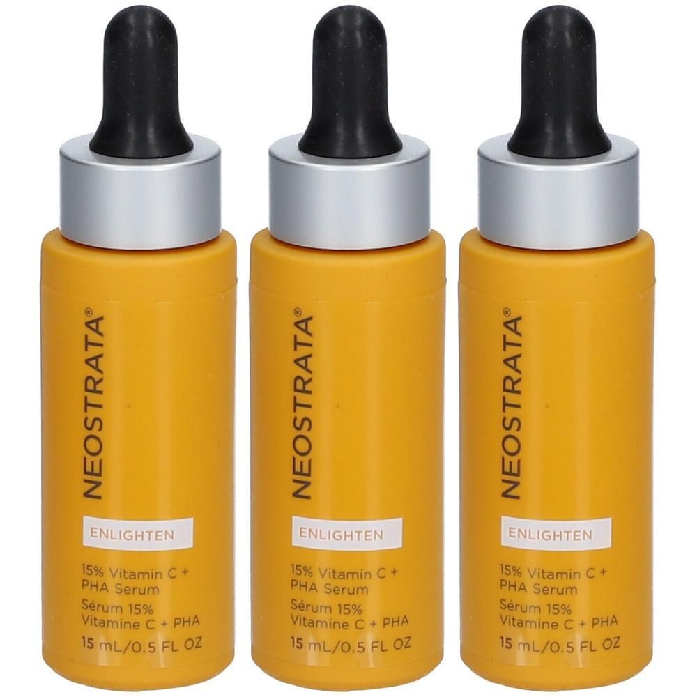 Drei Flaschen Serum mit schwarzen Pipetten. Aufschrift: NEOSTRATA, ENLIGHTEN, 15% Vitamin C + PHA Serum, 15 ml/0.5 FL OZ.