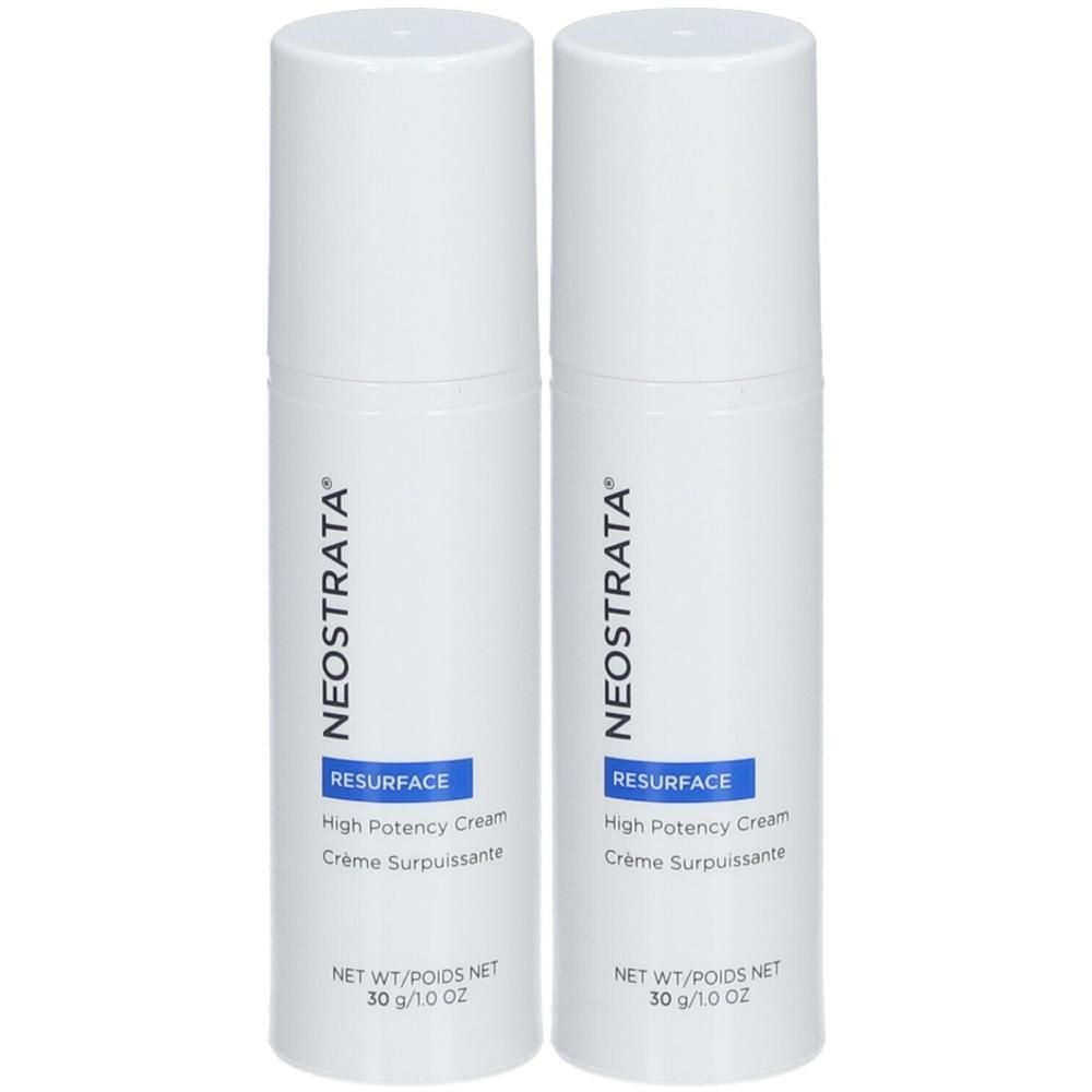 Zwei weiße Flaschen mit Deckel. Aufschrift: NEOSTRATA, RESURFACE High Potency Cream, Crème Surpuissante. Nettogewicht 30 g/1.0 oz.