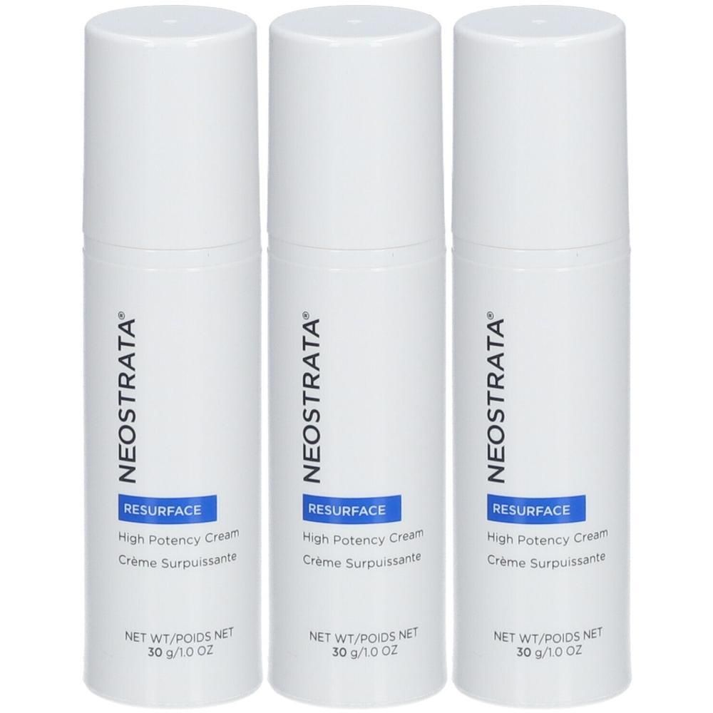 Drei weiße Flaschen mit Deckel. Auf jeder Flasche steht „NEOSTRATA“, „RESURFACE“ und „High Potency Cream“. Unten steht „30 g/1.0 OZ“.
