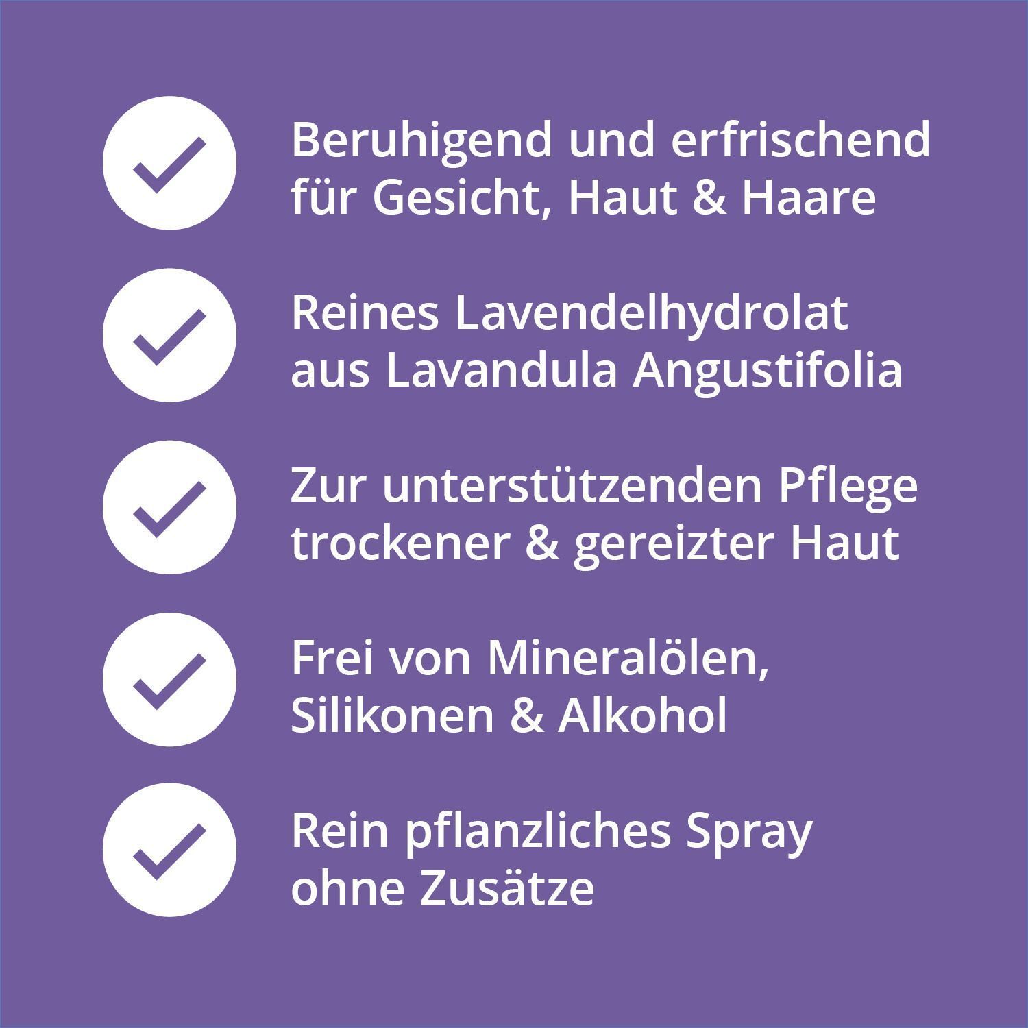 Auf violettem Hintergrund weiße Kreise mit Häkchen und Text. Stichpunkte: beruhigend, reines Lavendelhydrolat, Pflege trockener Haut, frei von Zusätzen.