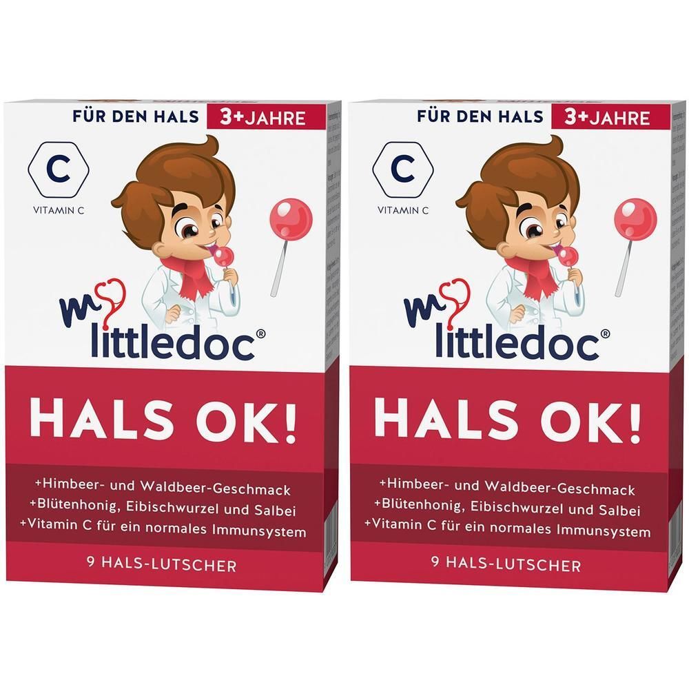 Zwei Kartons mylittledoc® HALS OK! mit Abbildung eines Kindes. Aufschrift: Für den Hals, 3+ Jahre, Vitamin C. Enthält 9 Lutschtabletten.