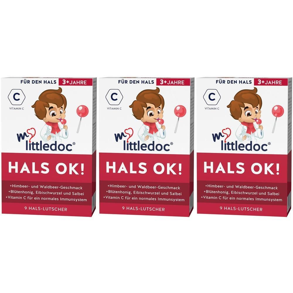 Drei rechteckige Verpackungen mit dem Produktnamen HALS OK!. Auf jeder Packung ist ein Cartoon-Kind mit einem Lutscher abgebildet.