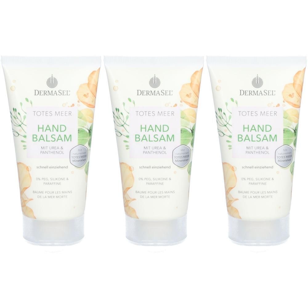 Drei Tuben DERMASEL® TOTES MEER HAND BALSAM mit Urea & Panthenol. Weißer Balsam mit floralem Design.