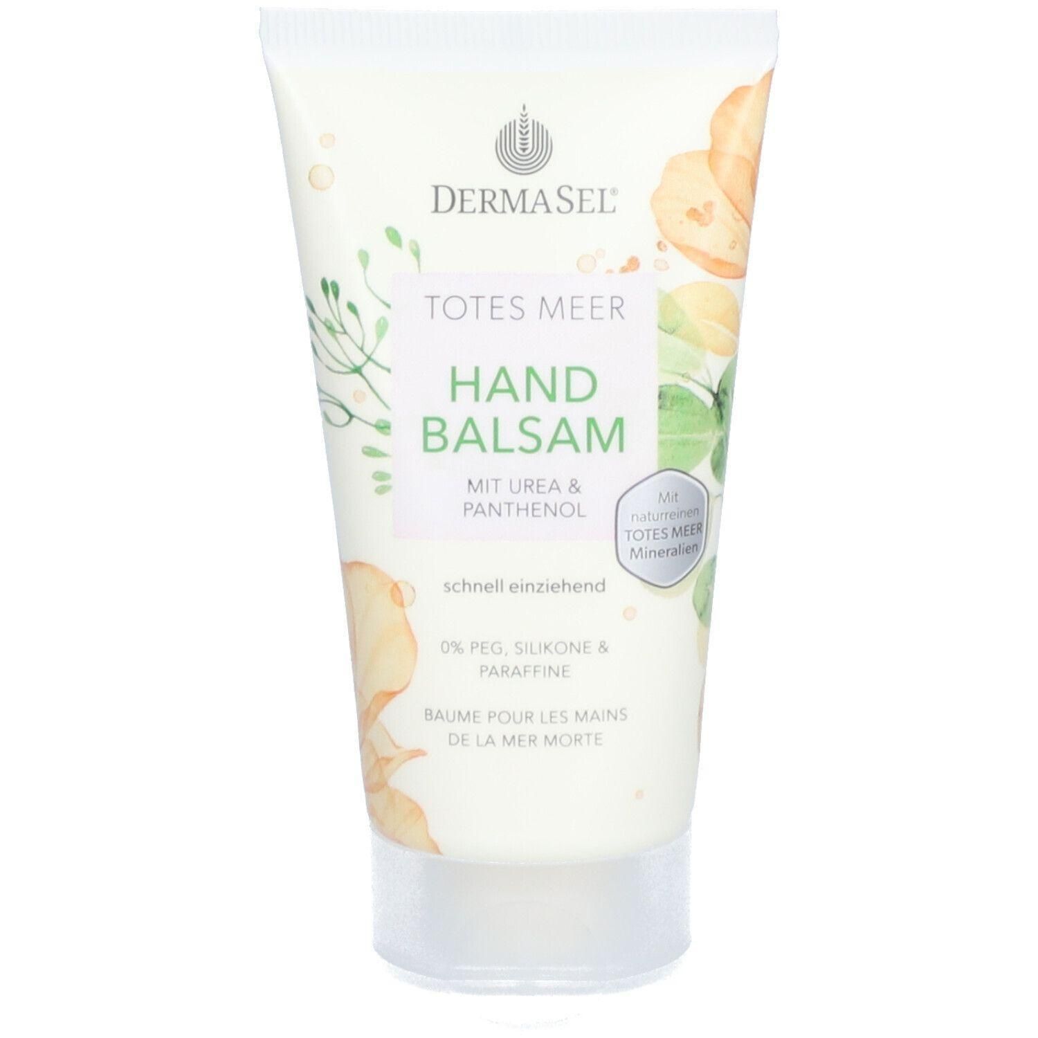 Dermasel Hand Balsam mit Urea & Panthenol. Weißer Tiegel mit botanischen Elementen.