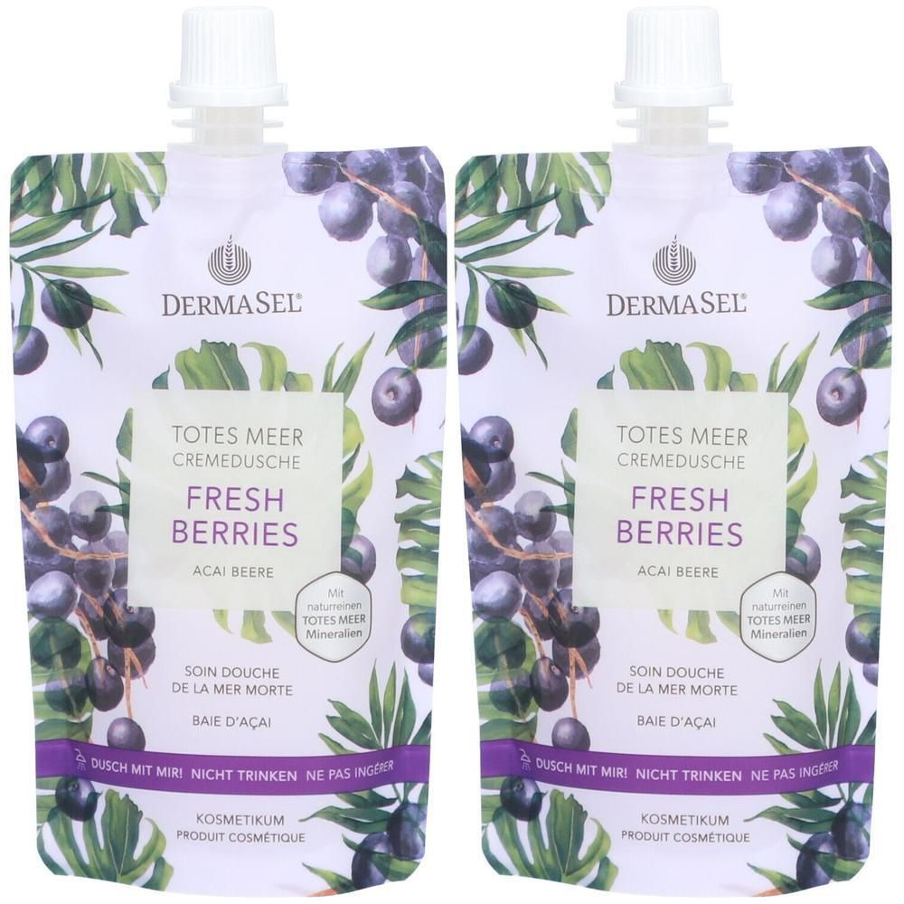 Zwei Beutel Duschcreme mit weißem Deckel. Aufschrift: DERMASEL, Totes Meer, Fresh Berries, Acai Beere. Lila Beeren- und Blattmuster.