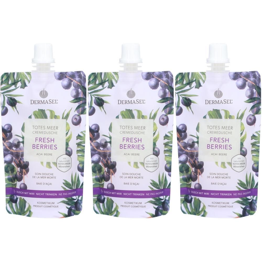 Drei Beutel DERMASEL Totes Meer Cremedusche Fresh Berries. Weiße Beutel mit lila Beeren-Motiv. Text: Fresh Berries, Acai Beere.