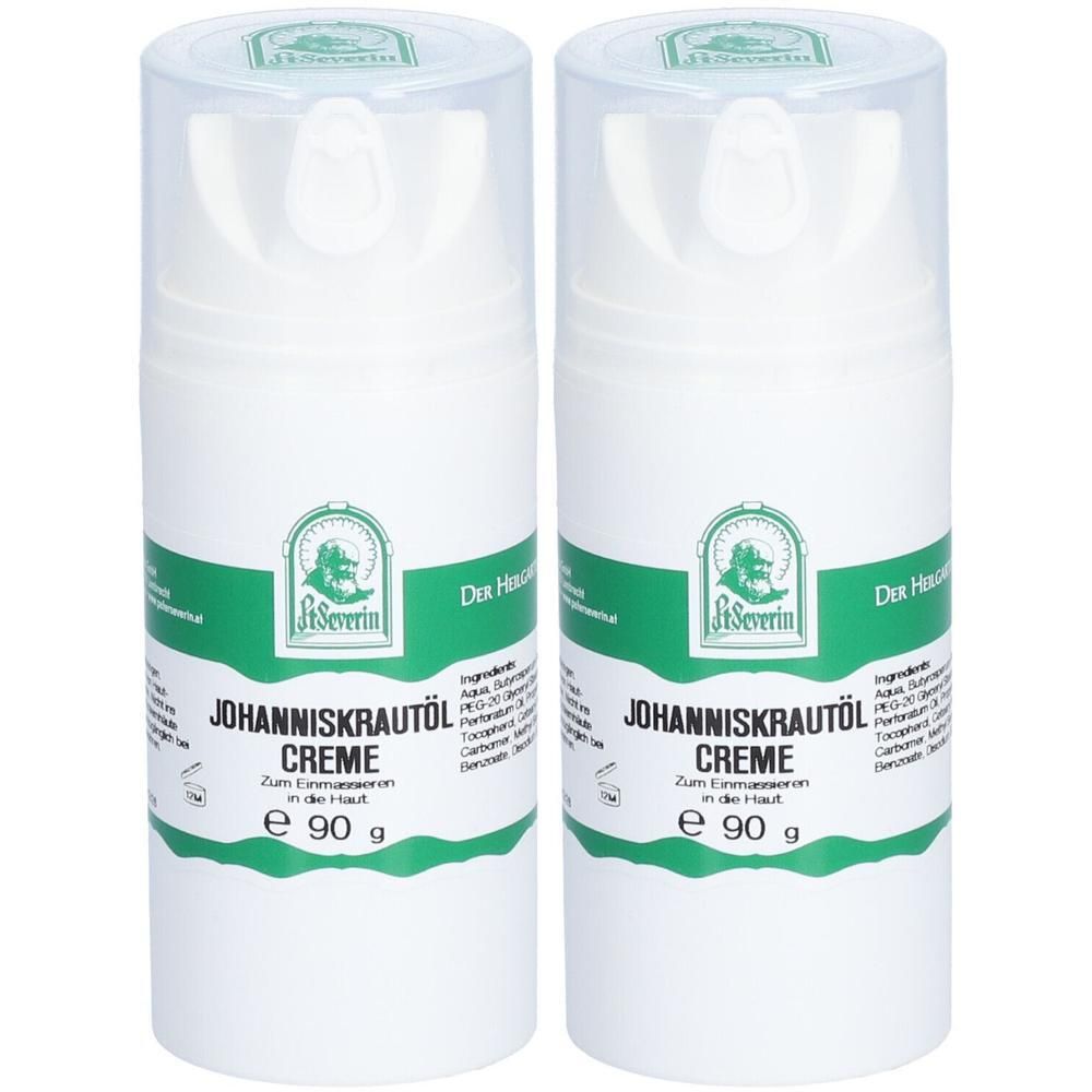 Zwei weiße Pumpspender mit St. Severin Logo und Aufschrift "Johanniskrautöl Creme", je 90g.