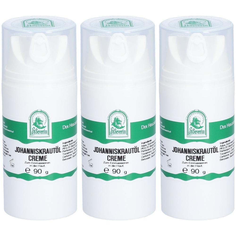 Drei weiße Tiegel mit Johanniskrautöl Creme, jeweils 90g.