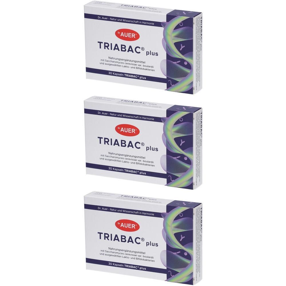 Drei Schachteln TRIABAC plus Kapseln. Aufschrift: AUER, TRIABAC plus, 30 Kapseln. Verpackung mit weißem Hintergrund und blau-grünen Verzierungen.