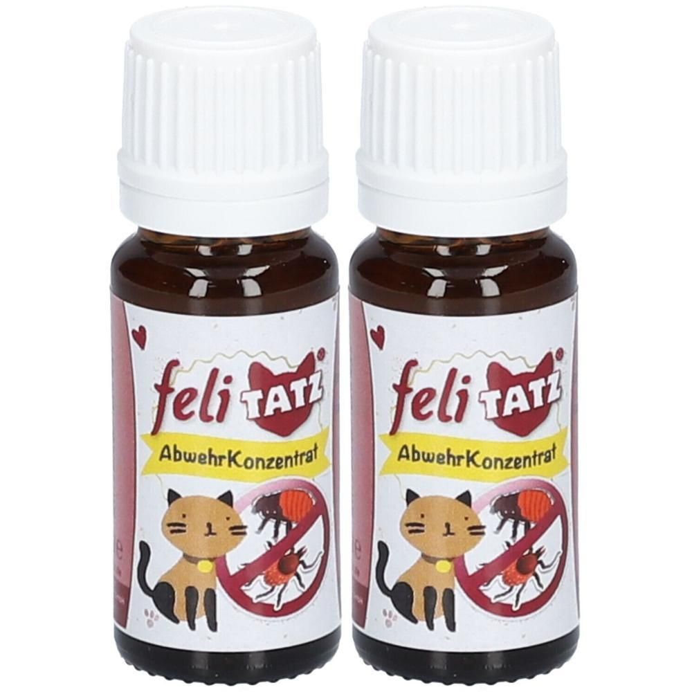 Zwei Flaschen mit weißem Deckel. Aufschrift feliTATZ AbwehrKonzentrat, Katzen- und Zeckendarstellung.