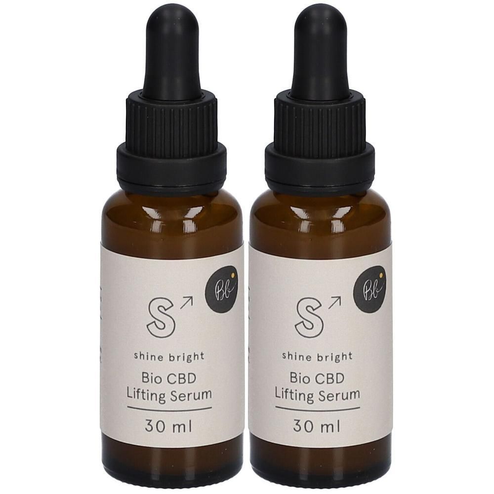 Zwei Flaschen Bio CBD Lifting Serum, je 30 ml, mit Pipettenverschluss.