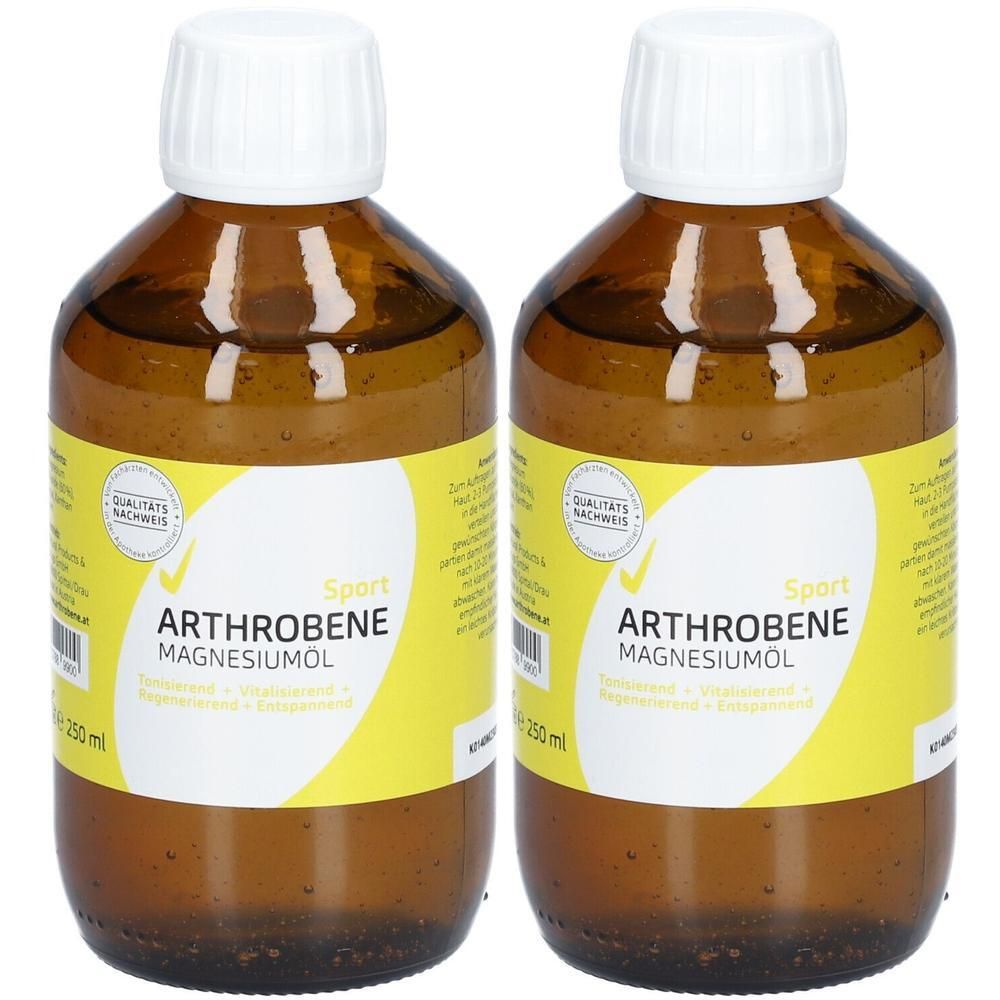 Zwei braune Glasflaschen mit weißem Schraubverschluss, gefüllt mit Arthrobene Sport Magnesiumöl.
